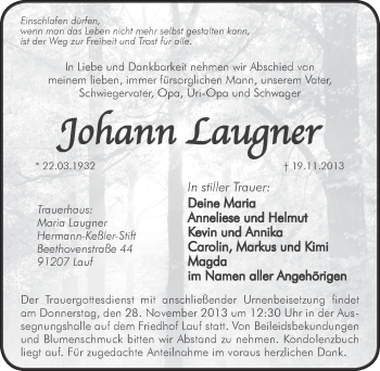 Traueranzeige von Johann Laugner von Pegnitz-Zeitung